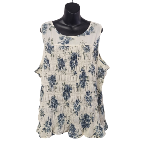 Maurices Tops - Maurices Wns Boho Floral Smocked White Blue Ruffle Sleeveless Blouse Size 3X NWT